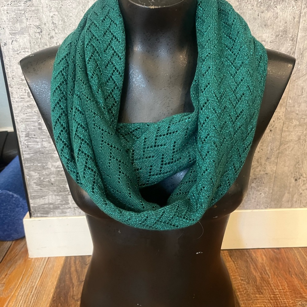 Teal Green Infinity Knit Scarf  with Chevron Pattern